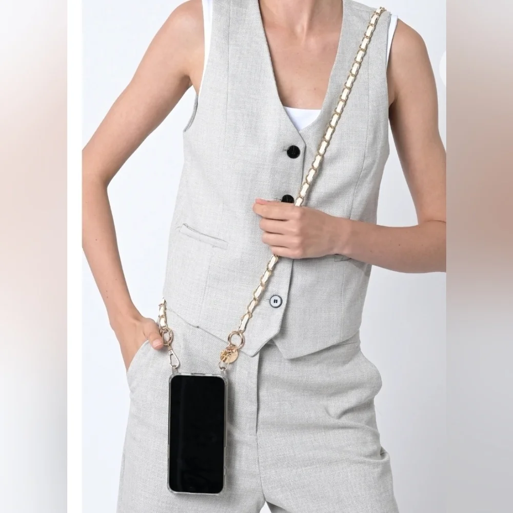 Metal & leather Crossbody phone Chain with Golden Carabiners